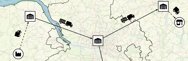 A map of northern germany showing pictograms of warehouses and trucks driving between them and customers depicted by factory pictograms